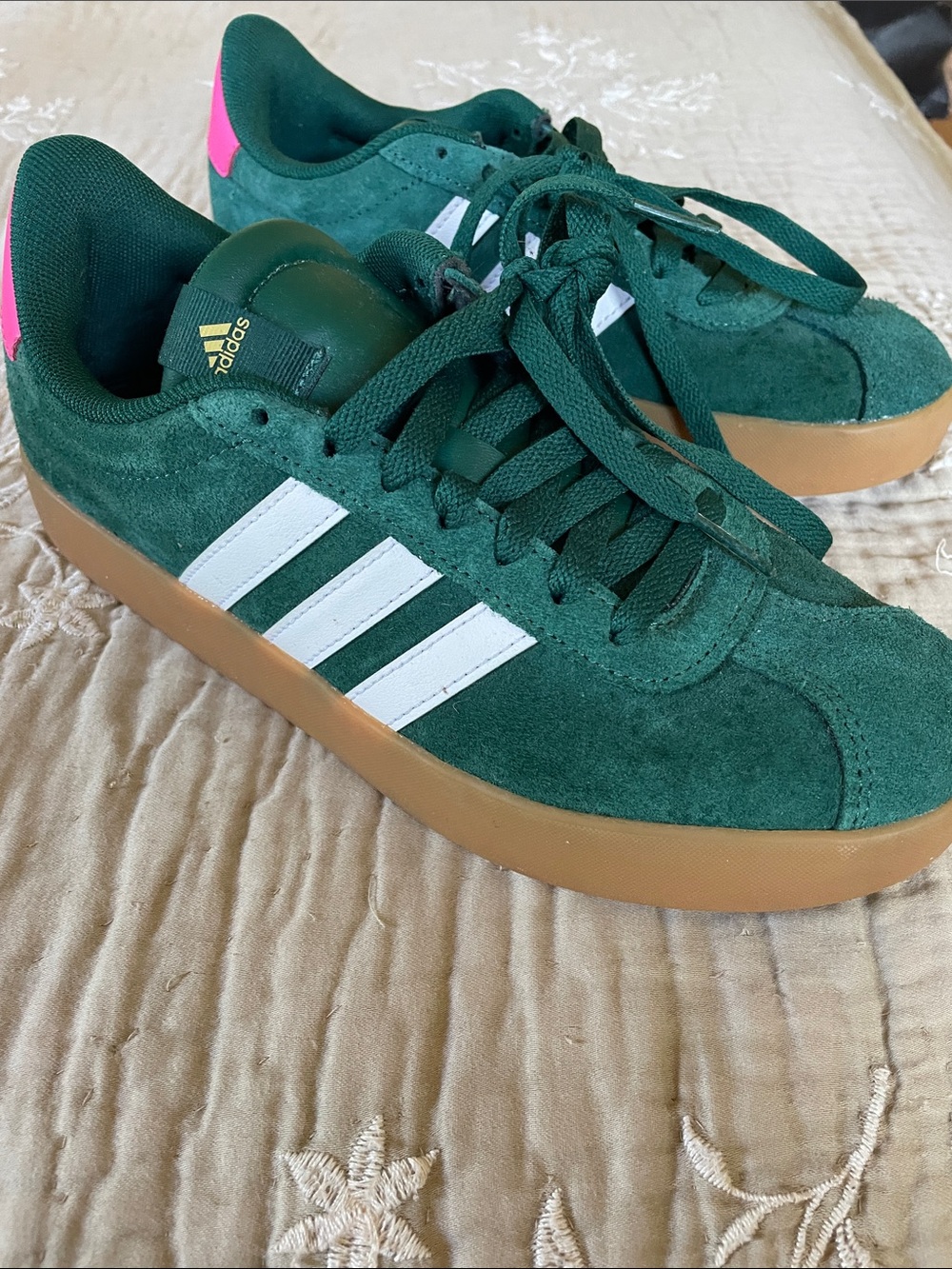 adidas Green Suede Sneakers with White Stripes and Pink Heel Tab